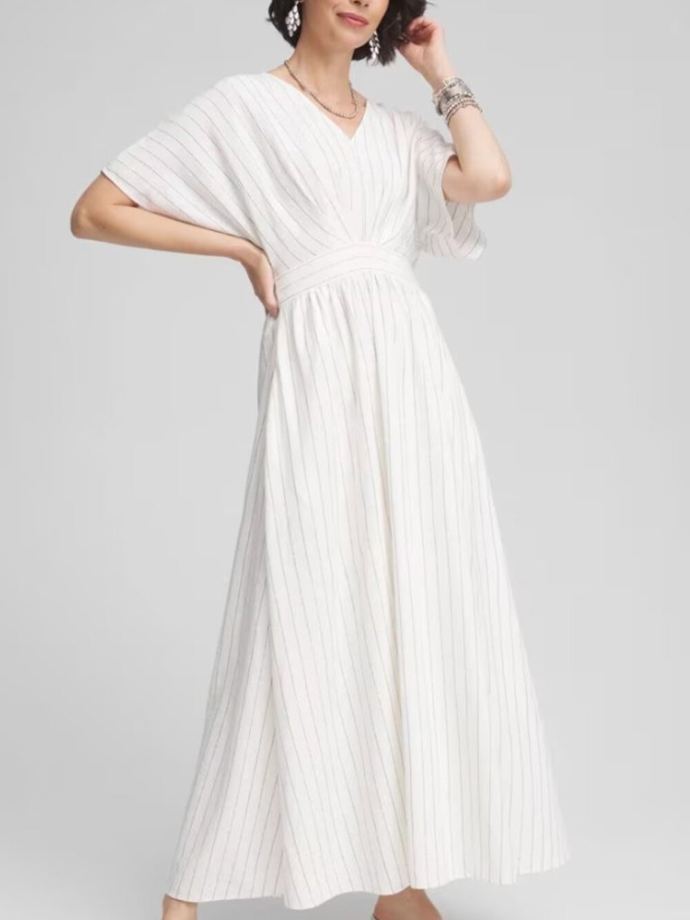 Chico's Ecru Metallic Stripe Flutter Sleeve Breathable Maxi Dress NWT $149 M - Picture 3 of 16
